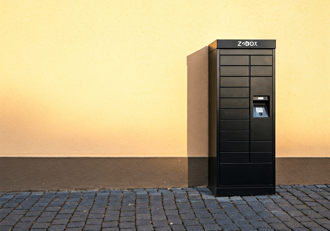 A sleek, modern automated parcel locker (Z-BOX) positioned in a charming cobblestone street setting in Jílové u Prahy, soft morning sunlight, editorial photography style, 85mm lens, high resolution, no text, no words, no letters