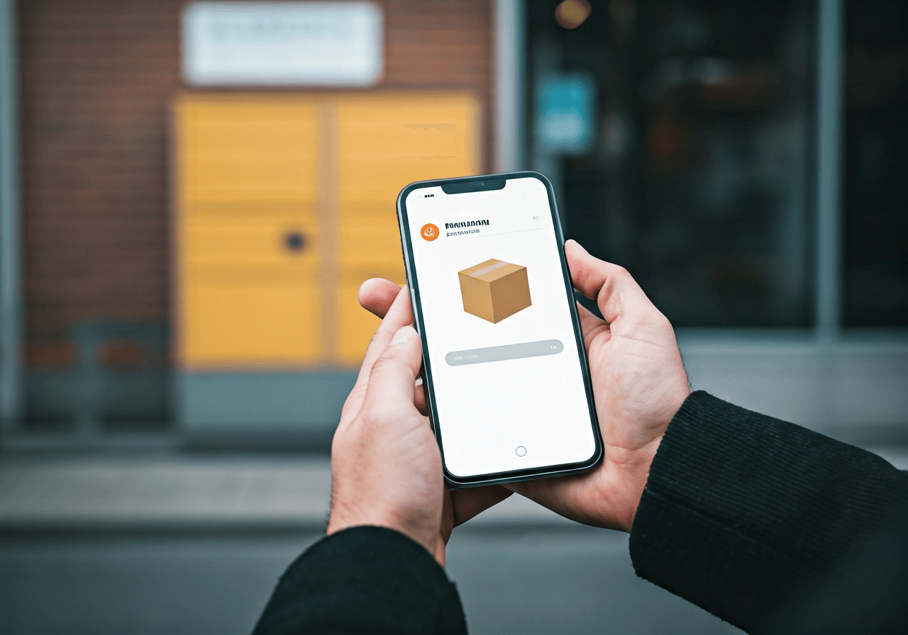 A close-up of a person holding a modern smartphone showing a package tracking app, blurred background of a street with various parcel lockers, editorial photography, natural daylight, 85mm lens, high quality, no text, no letters