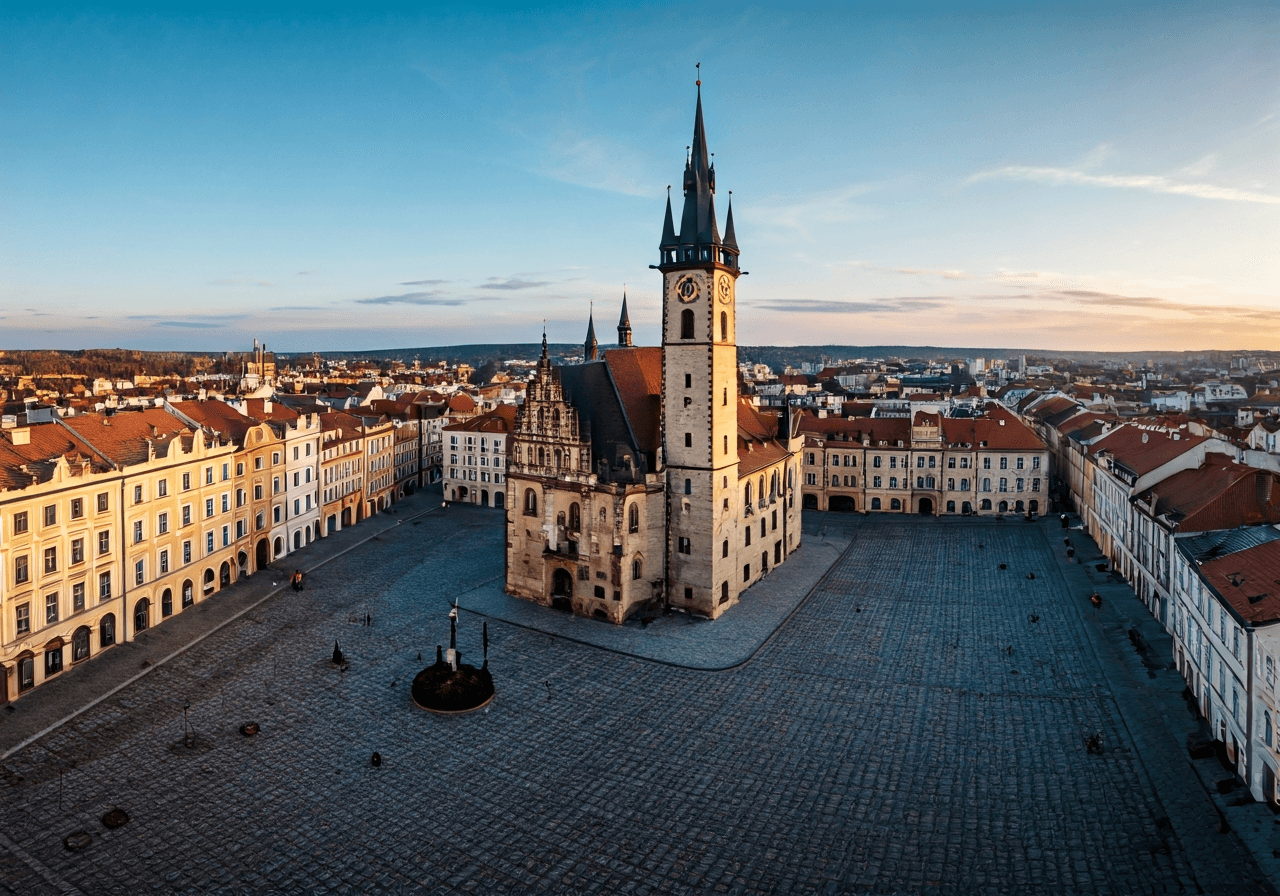 Slaný PSČ: Rychlý přehled a mapa (Za 1 minutu) 2 Aerial view of the historic town square of Slany, Czech Republic, featuring gothic architecture and the old town hall, morning soft natural light, editorial photography, 85mm lens, highly detailed, no text, no words, no letters