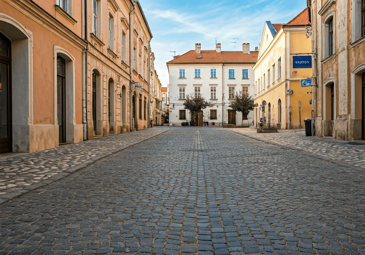 Slaný PSČ: Rychlý přehled a mapa (Za 1 minutu) 3 A high-angle editorial shot of an old town square in Slaný with cobblestone streets, modern signage for local services, clean aesthetic, soft natural daylight, 85mm lens, high resolution, no text, no letters.