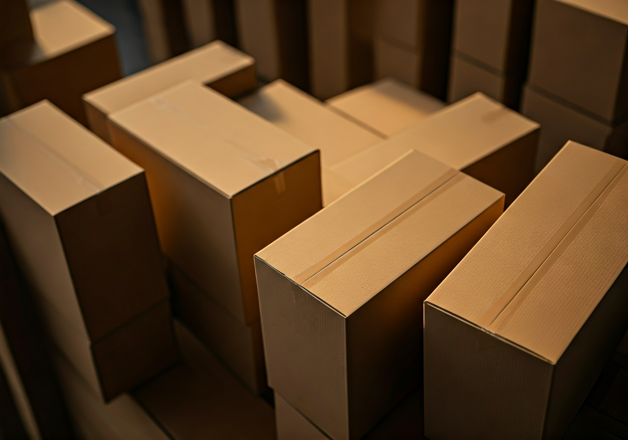 Domažlice PSČ: Rychlý průvodce a mapy (2026) 2 A high-angle close-up shot of a modern, organized parcel delivery center with neatly stacked cardboard boxes, soft natural morning light streaming through a window, clean architectural lines, editorial photography style, 85mm lens, high resolution, no text, no words, no letters.