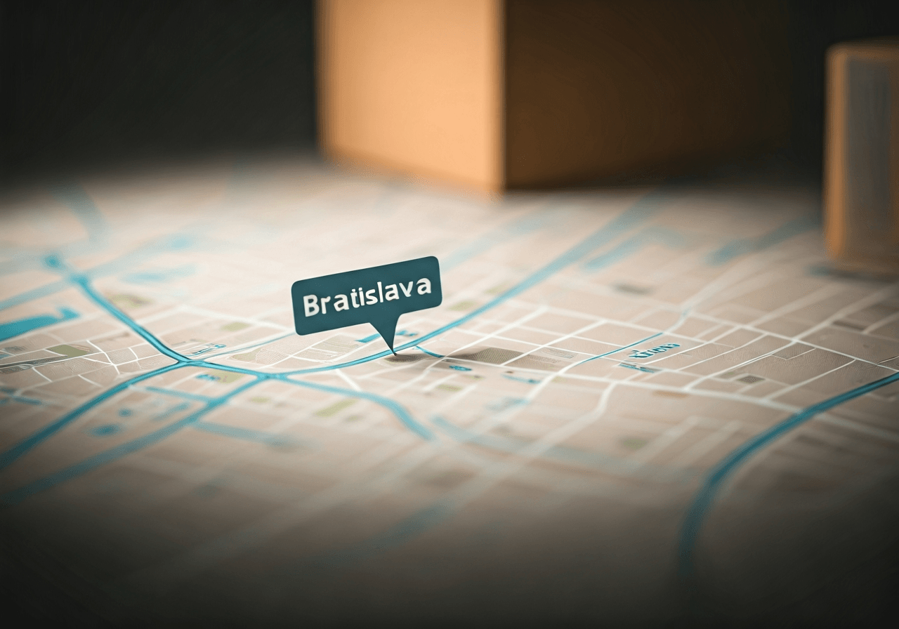A detailed close-up shot of a modern, organized parcel delivery map of Bratislava, clean aesthetic, soft natural light, professional editorial photography style, 85mm lens, depth of field, no text, no words, no letters.