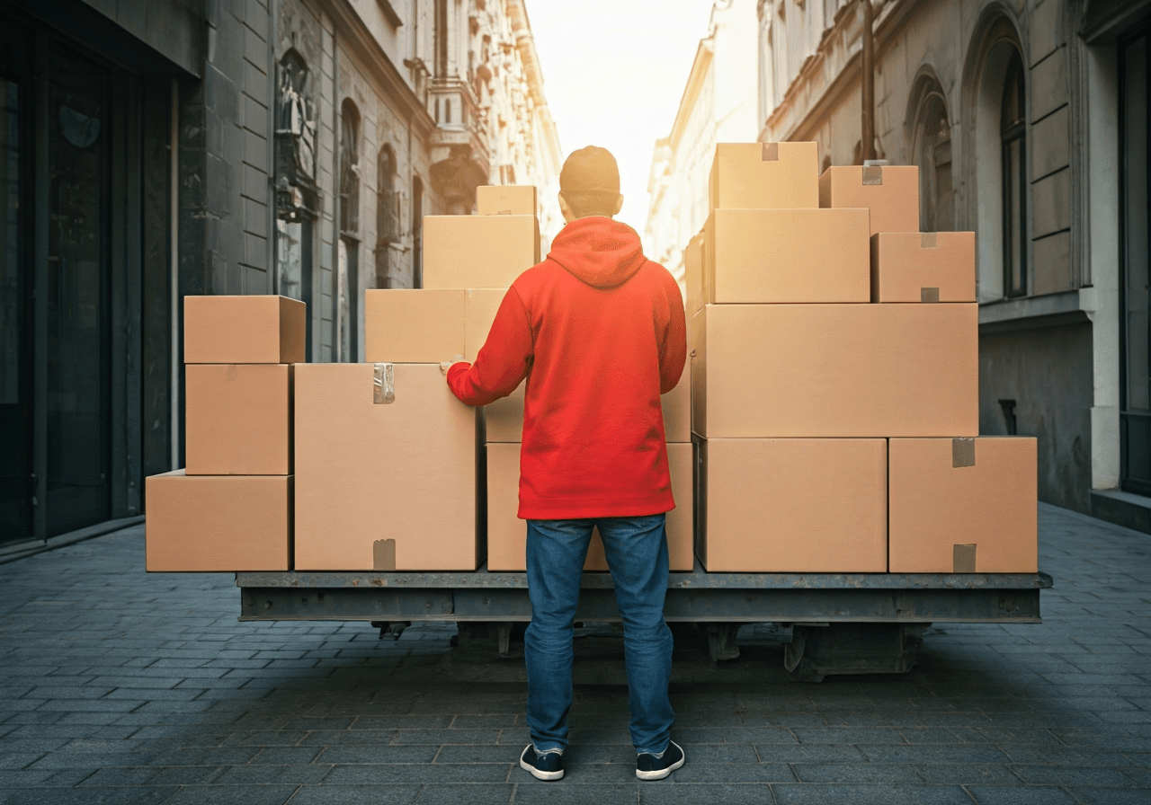 A professional courier parcel delivery concept in a modern urban Bratislava street setting, clean aesthetic, soft natural light, 85mm lens, high resolution, no text, no words, no letters
