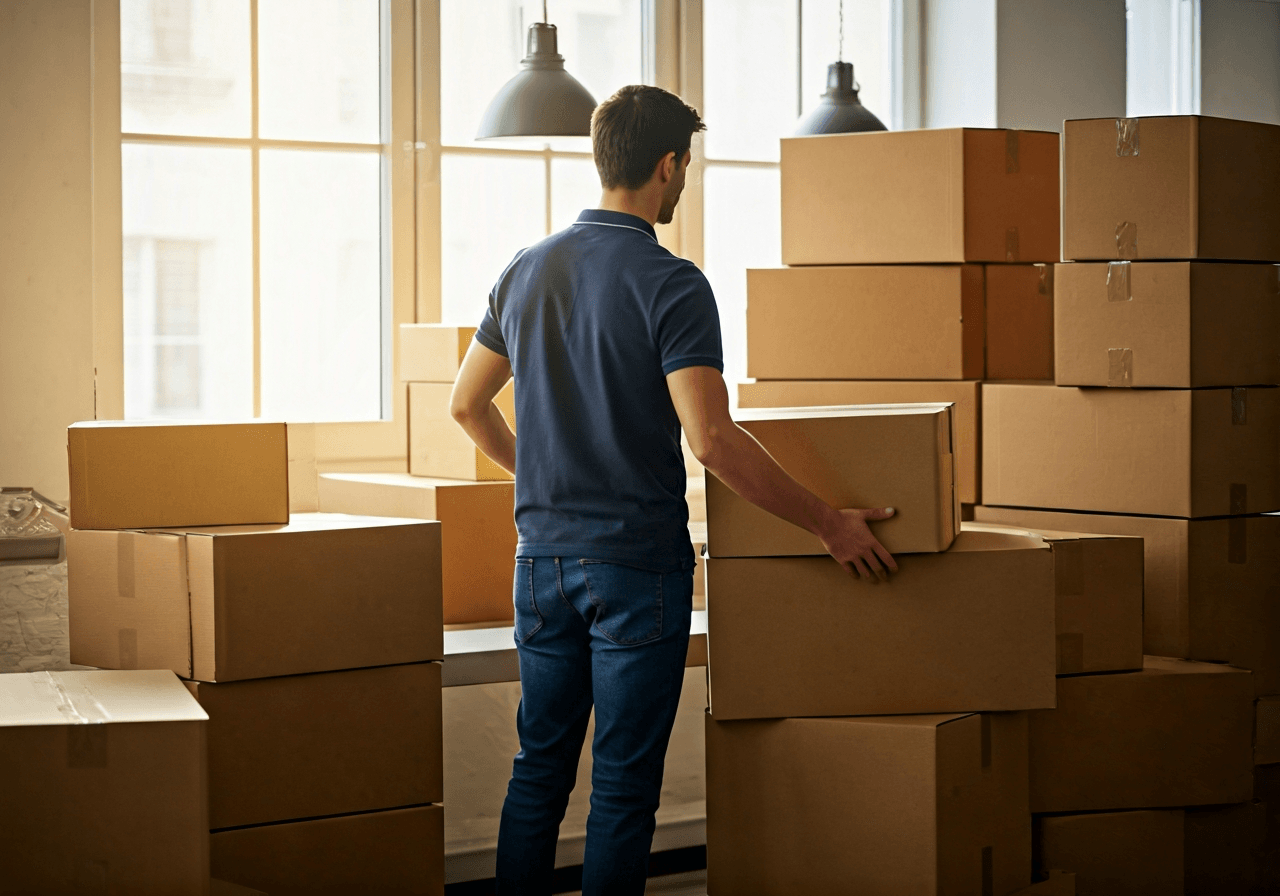 A professional logistics worker handling parcel boxes at a clean, modern courier station, sunlight streaming through a window, editorial photography, minimalist aesthetic, 85mm lens, no text, no words, no letters