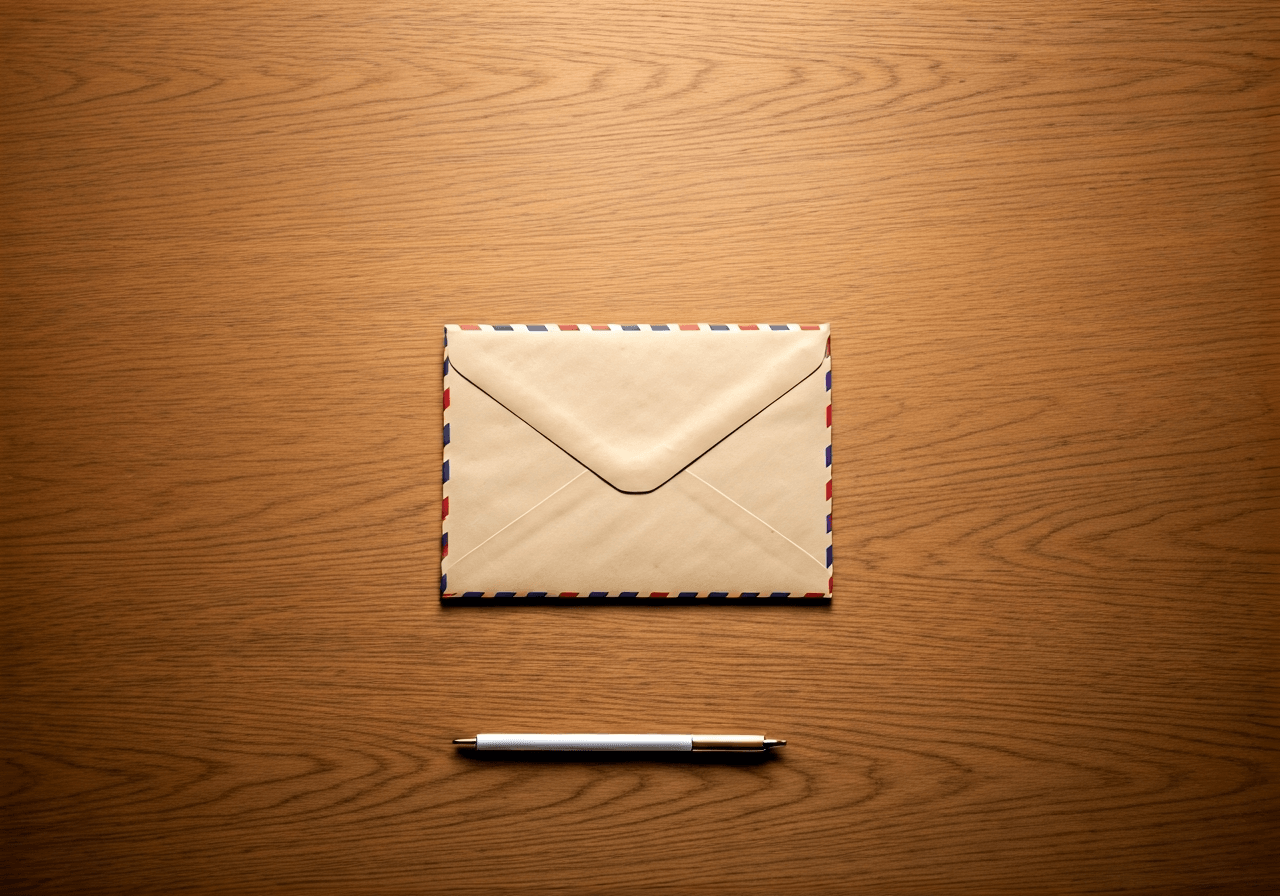 A professional, high-angle editorial shot of a vintage letter being sorted on a clean, modern wooden desk in a bright, airy office, soft natural light, 85mm lens, minimalist aesthetic, premium quality, no text, no letters