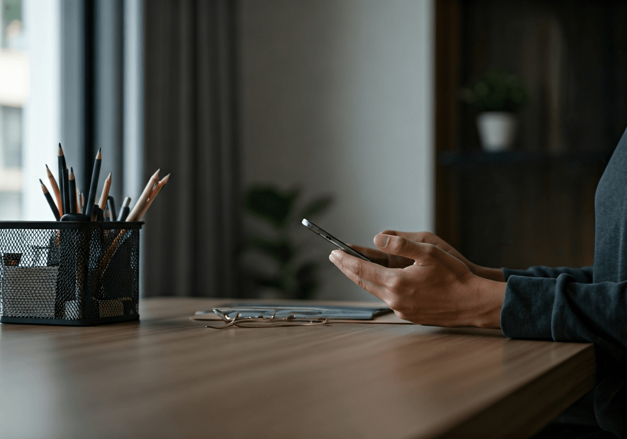 A professional logistics desk with a clean, modern aesthetic, a person verifying digital delivery data on a tablet, soft natural light, minimalist style, 85mm lens, high quality, no text, no words, no letters.