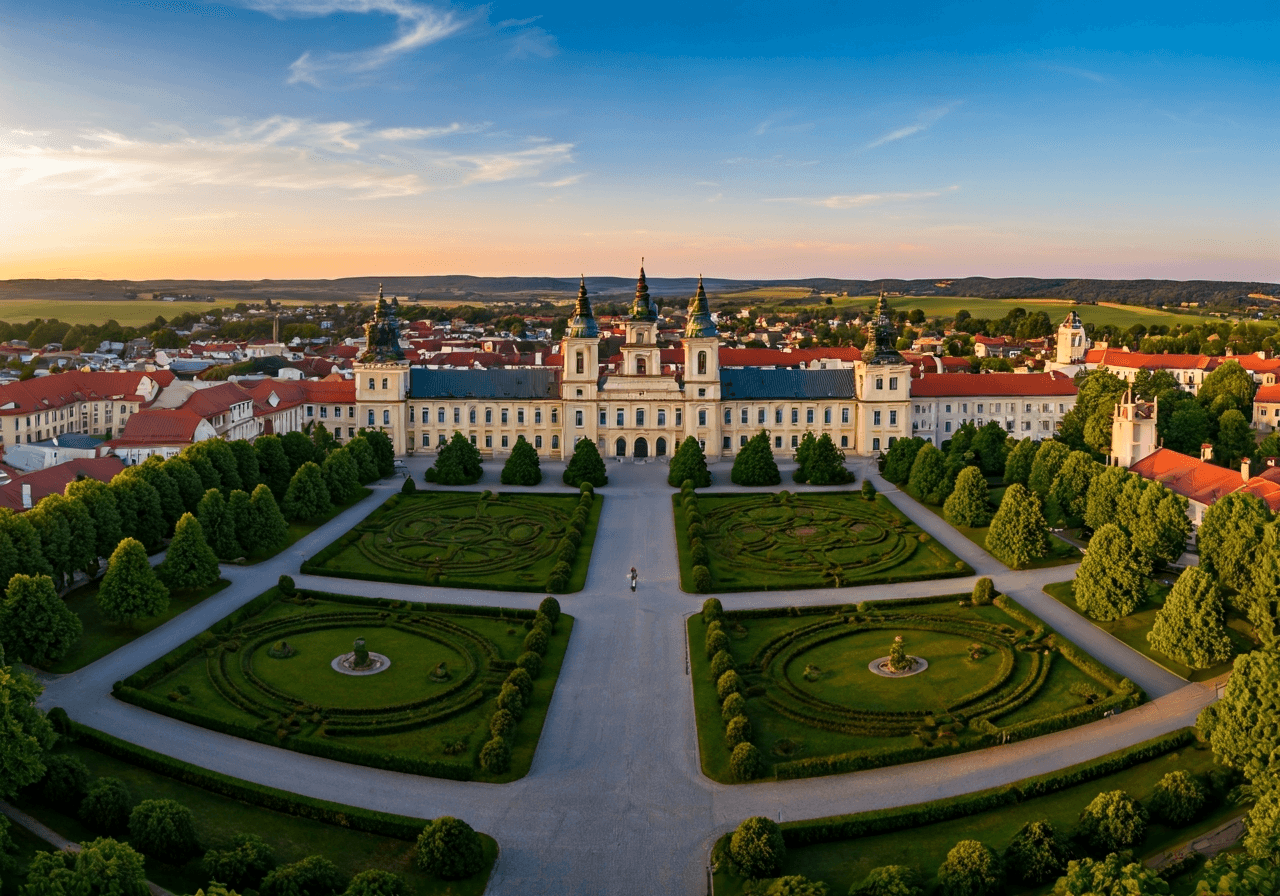 Aerial view of the historical center of Kromeriz, featuring the Archbishop's Palace and surrounding gardens, golden hour, editorial photography, wide angle, soft natural lighting, high resolution, no text, no words.