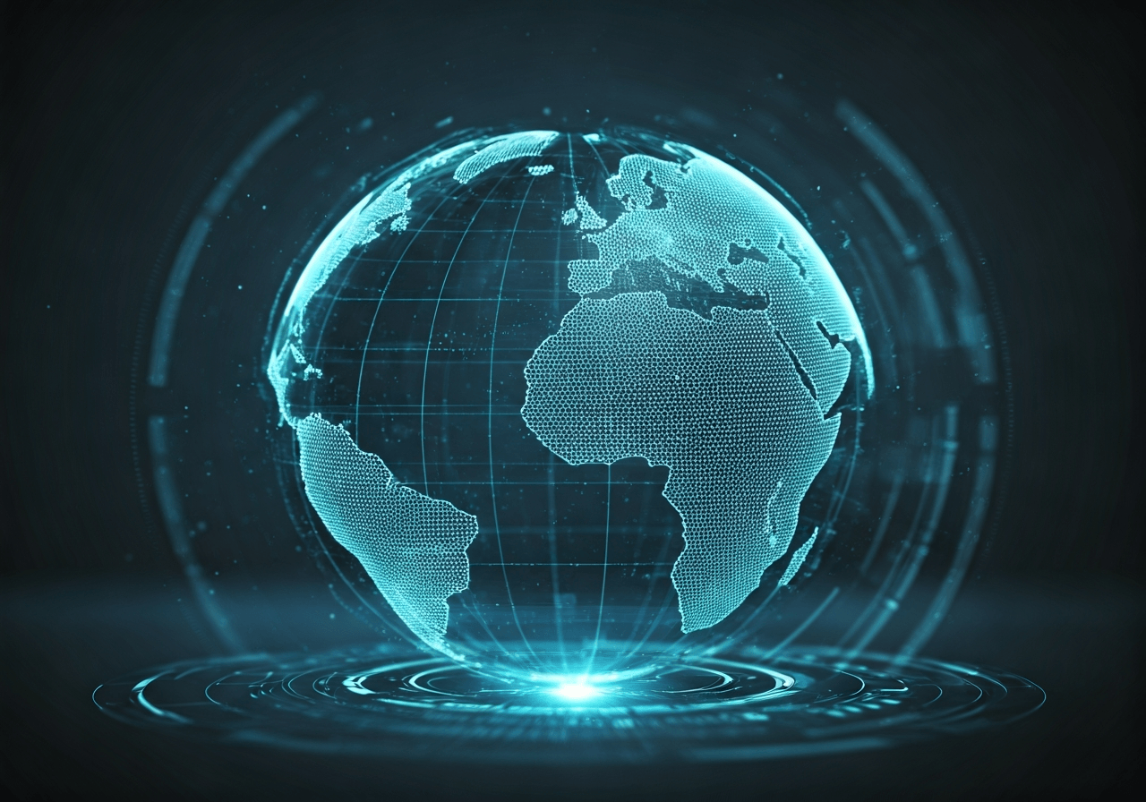 A futuristic holographic globe with glowing latitude and longitude lines overlaying a modern digital map interface, editorial photography, clean aesthetic, high-tech, soft ambient light, 85mm lens, no text, no letters