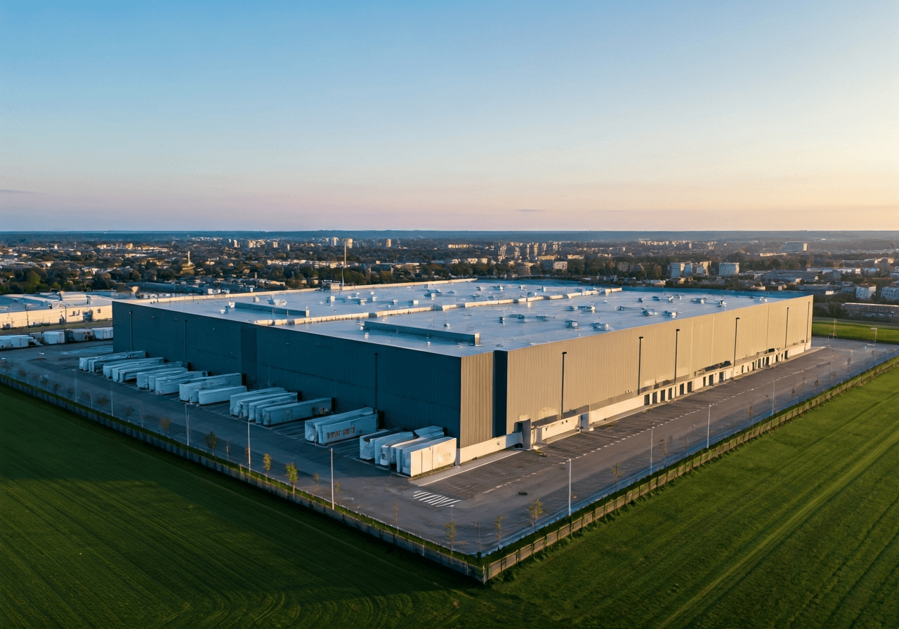 Aerial view of a modern logistics sorting facility in a suburban landscape, clean architecture, soft morning light, professional editorial photography, 85mm lens, high resolution, no text, no letters