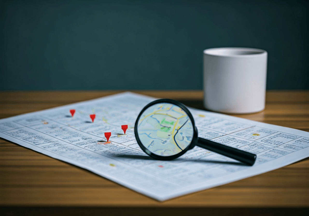 Editorial photography, a map with highlighted postal codes and a magnifying glass, modern, clean environment, soft natural light, 85mm lens, highly detailed, no text, no words, no letters