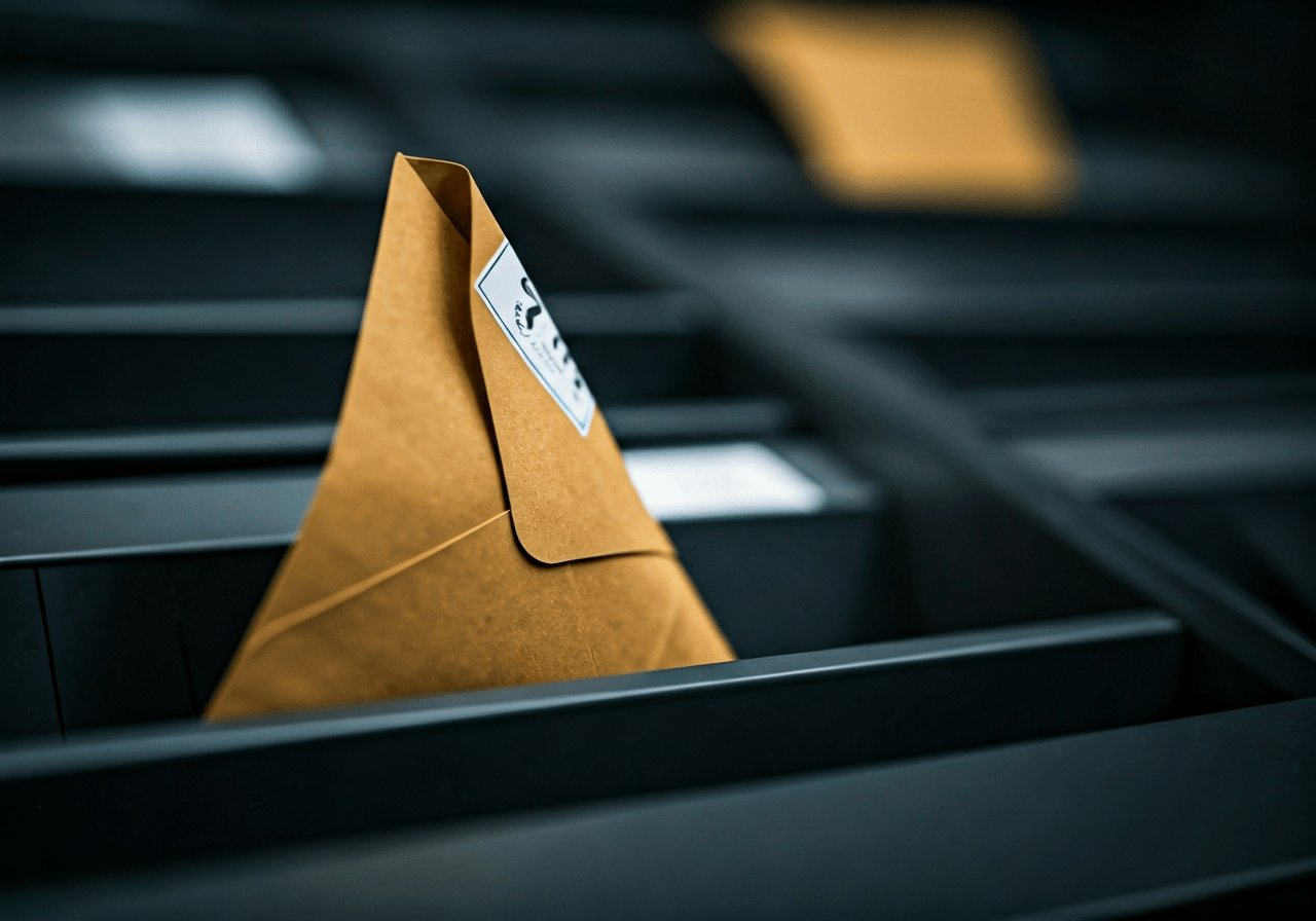 A close-up, high-quality editorial shot of a modern letter being sorted in a sleek, minimalist logistics facility, soft natural light, depth of field, 85mm lens, premium clean aesthetic, no text, no words, no letters.