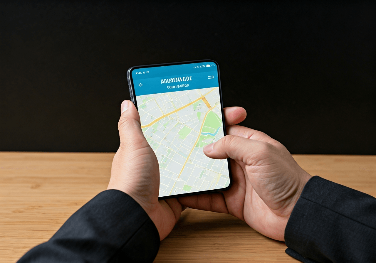 A professional hand holding a smartphone showing a digital map interface over a clean, minimalist wooden desk, professional editorial photography, soft natural daylight, 85mm lens, depth of field, no text, no words, no letters