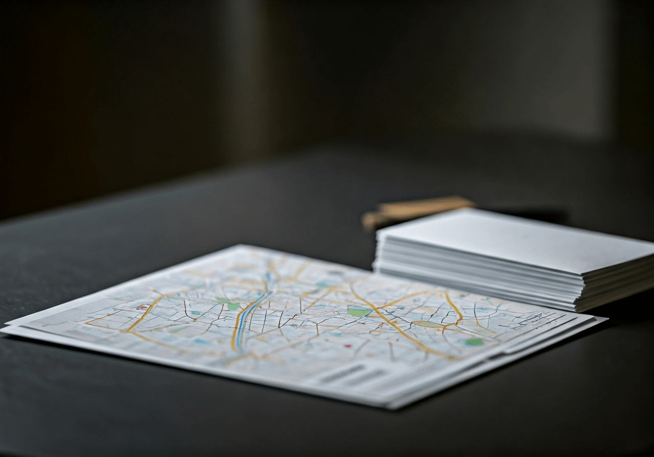 A high-angle close-up of a modern, clean desk in Berlin with a neatly organized map of the city and a stack of professional envelopes, editorial photography, soft natural light, 85mm lens, minimalist and premium aesthetic, no text, no letters.