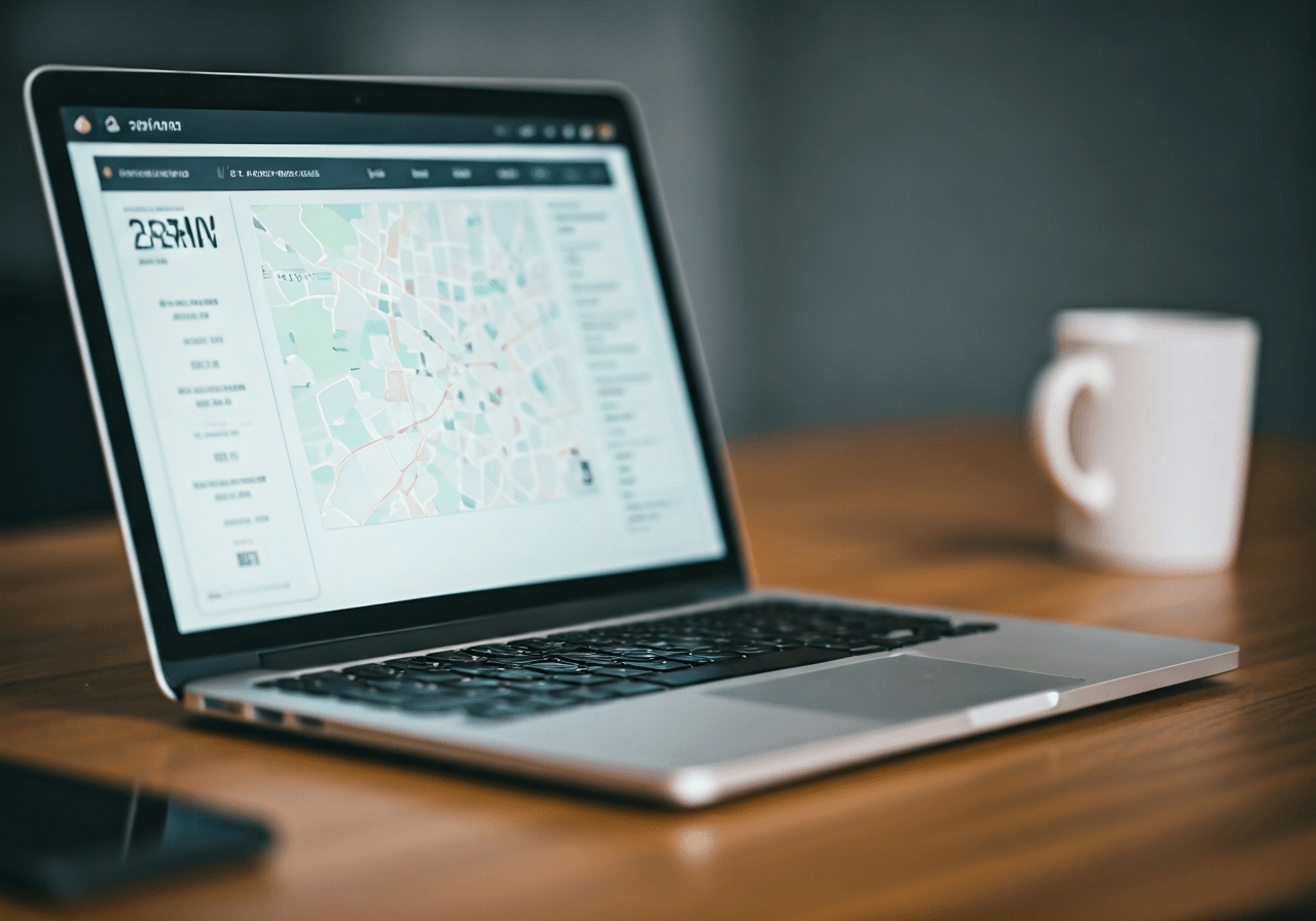 A professional logistics workspace in Berlin with a modern laptop screen displaying an interactive digital postcode map, clean minimalist aesthetic, soft natural light, 85mm lens, high resolution, no text, no letters.