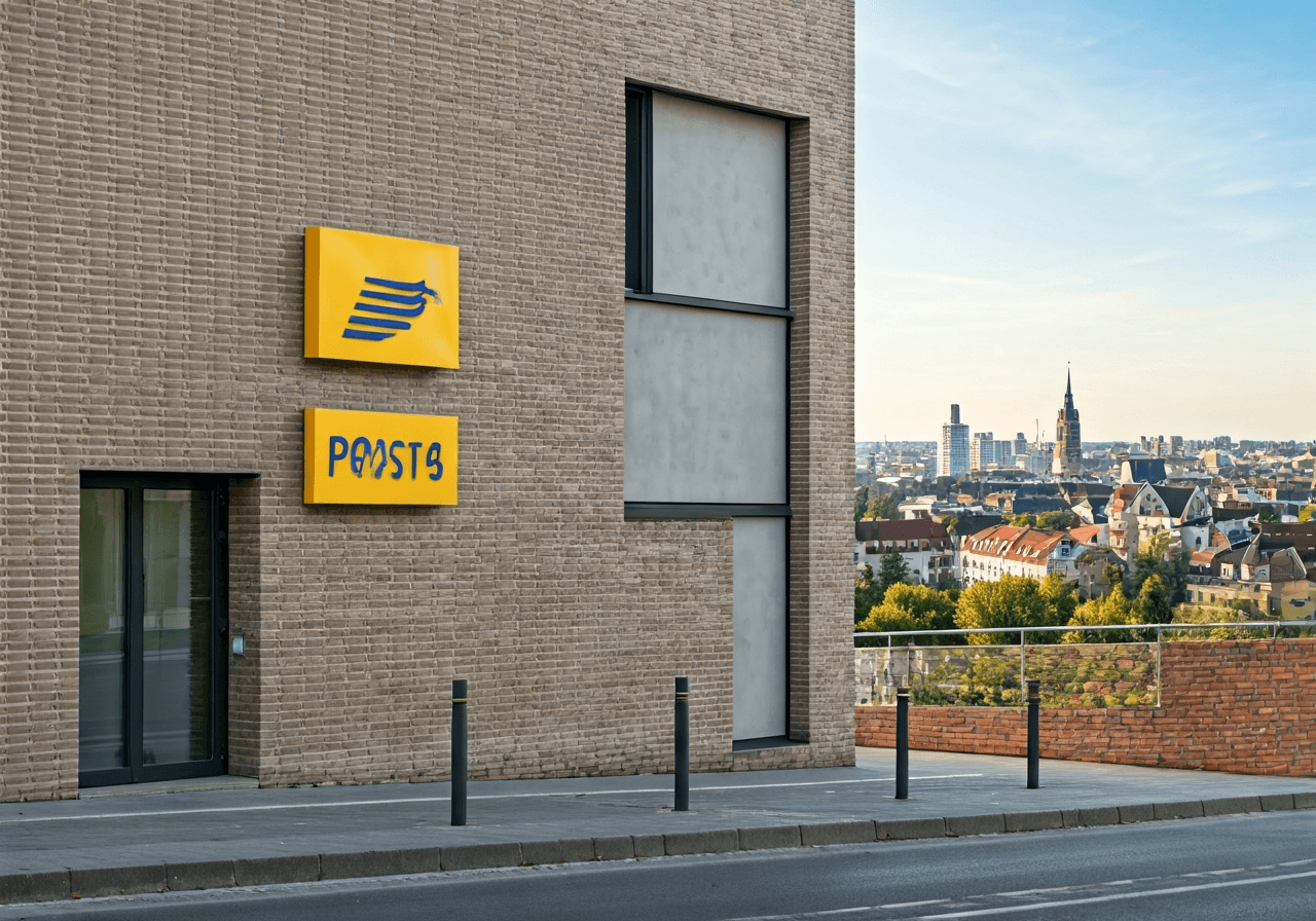 Editorial photography, modern signage of a post office branch on a clean brick building, Hranice na Moravě cityscape in the background, soft natural daylight, shallow depth of field, 85mm lens, high resolution, no text, no words, no letters