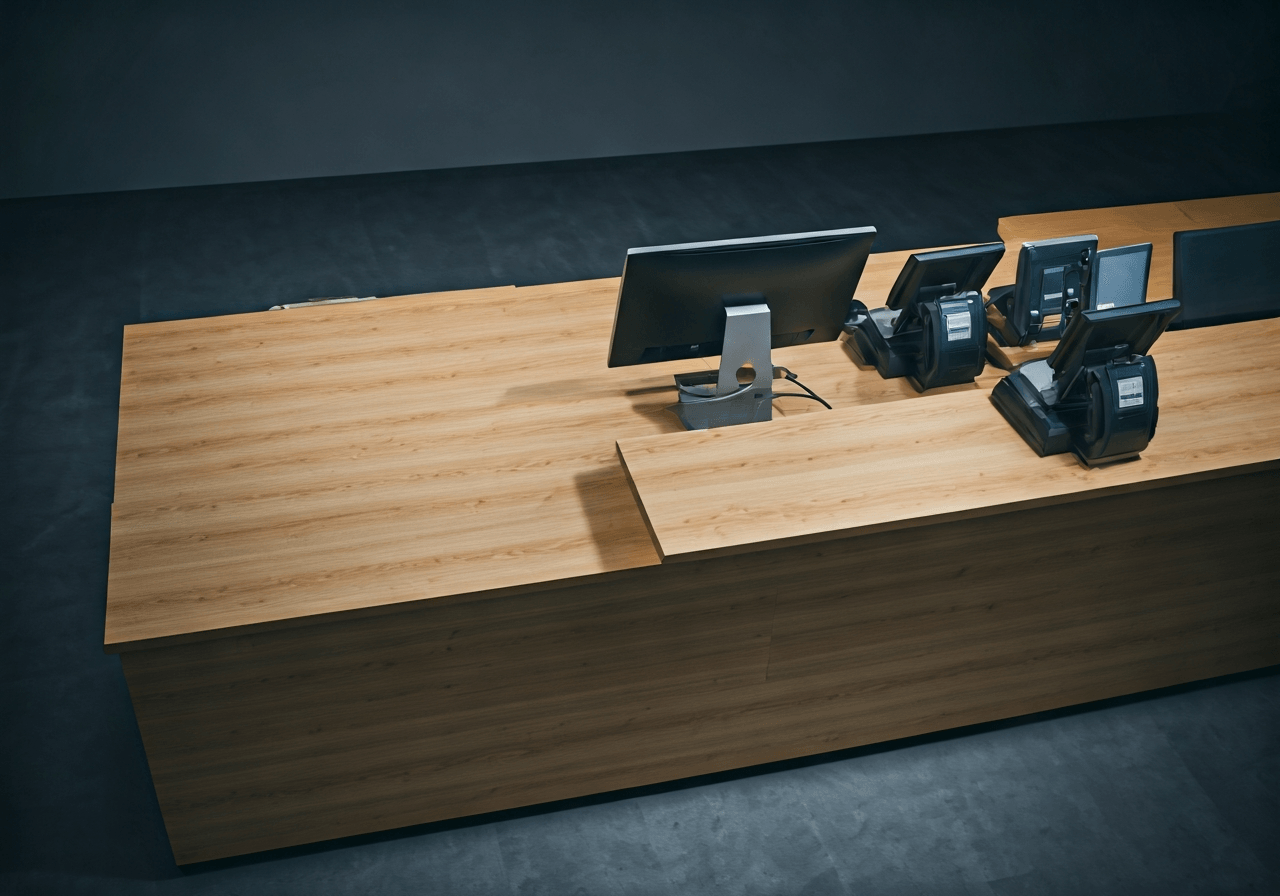High-angle professional shot of a modern, organized parcel delivery counter in a post office, clean wooden surfaces with digital logistics equipment, soft natural light, editorial photography style, 85mm lens, depth of field, no text, no words, no letters