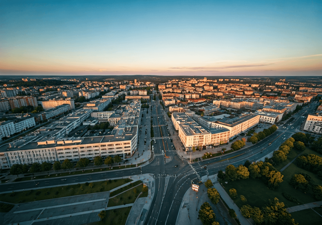 Aerial view of Zlín city center, modern urban layout, organized grid streets, clean minimalist aesthetic, soft golden hour sunlight, 85mm lens, highly detailed, no text, no words, no letters