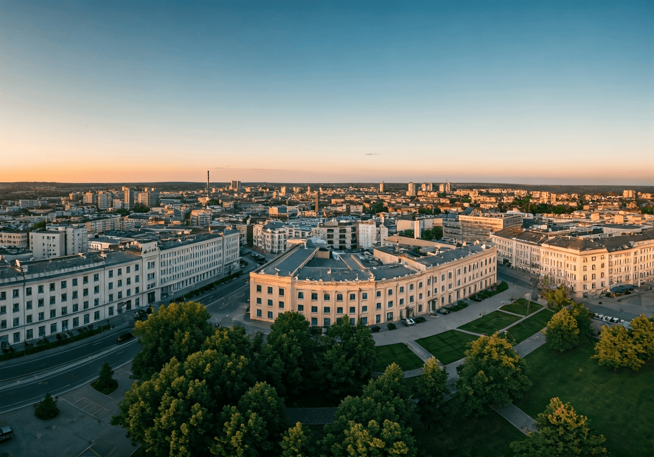 Aerial view of Zlin city center, modern urban layout with historical industrial architecture, soft natural morning light, cinematic atmosphere, 85mm lens, high resolution, no text, no letters