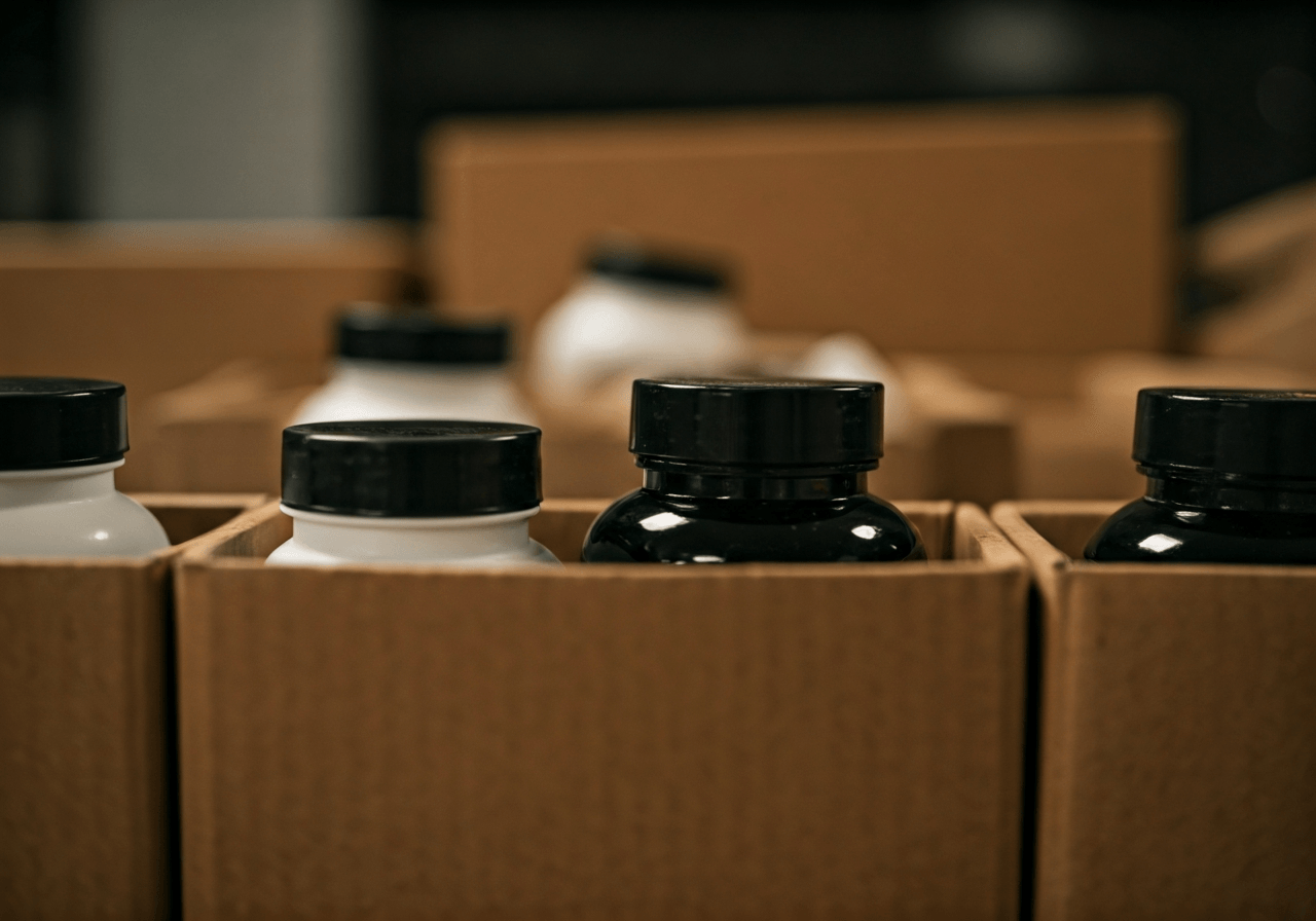 Velikost DPD balíku: Projde vám zásilka? (Návod) 2 A professional logistics warehouse setting with neatly arranged supplement bottles in cardboard boxes, clean and modern aesthetic, editorial photography, soft natural light, 85mm lens, highly detailed, no text, no letters