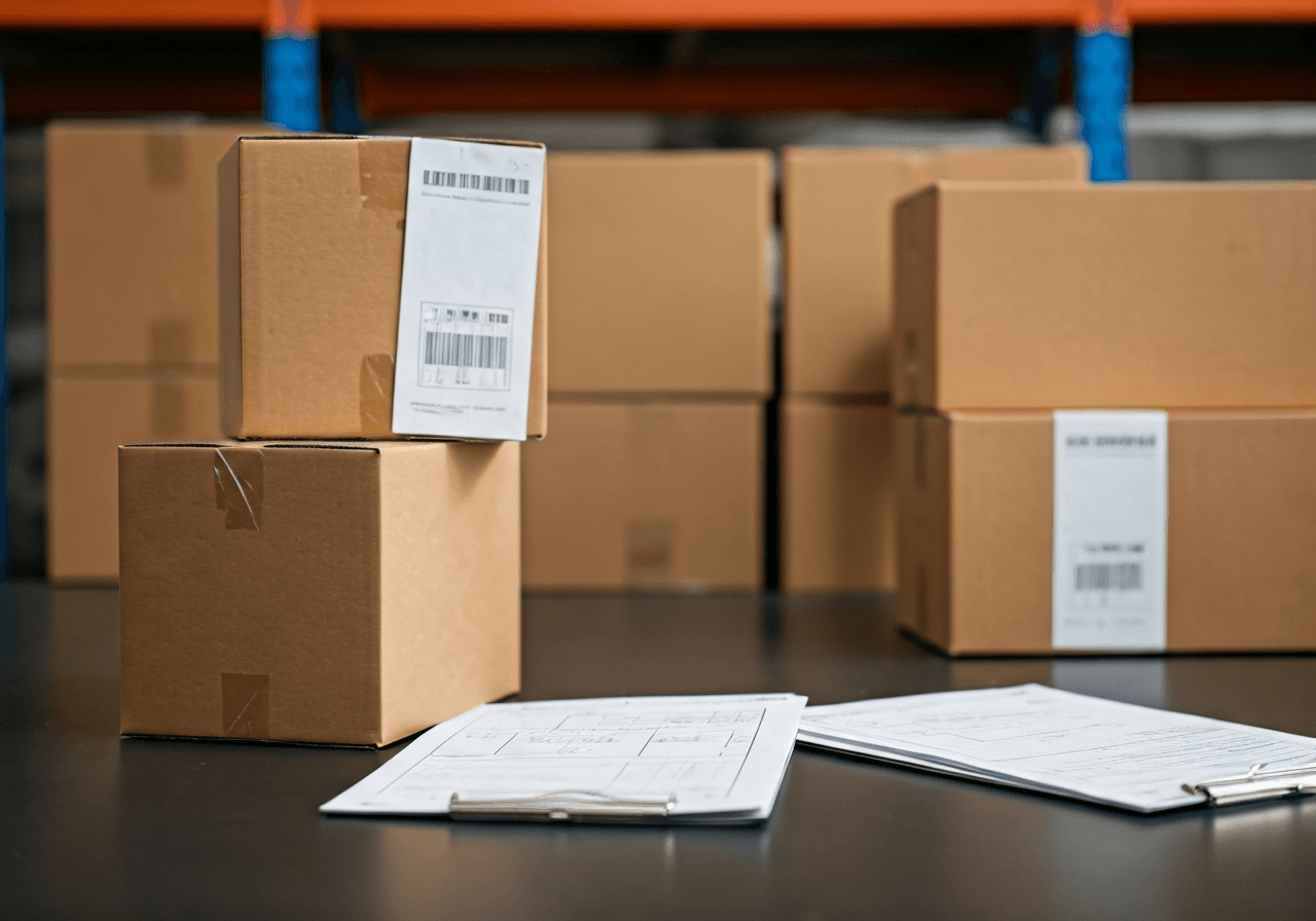 Velikost DPD balíku: Projde vám zásilka? (Návod) 3 A professional logistics warehouse setting featuring organized boxes with safety labels and shipping documentation, modern, clean, editorial photography, soft natural light, 85mm lens, highly detailed, no text, no letters