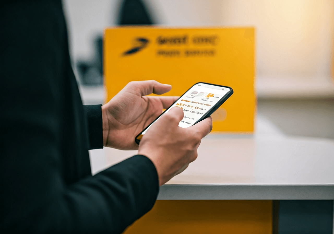 Editorial photography, a person using a smartphone to check postal service information, with a blurred background of a modern post office counter, soft natural light, 85mm lens, highly detailed, no text, no words, no letters