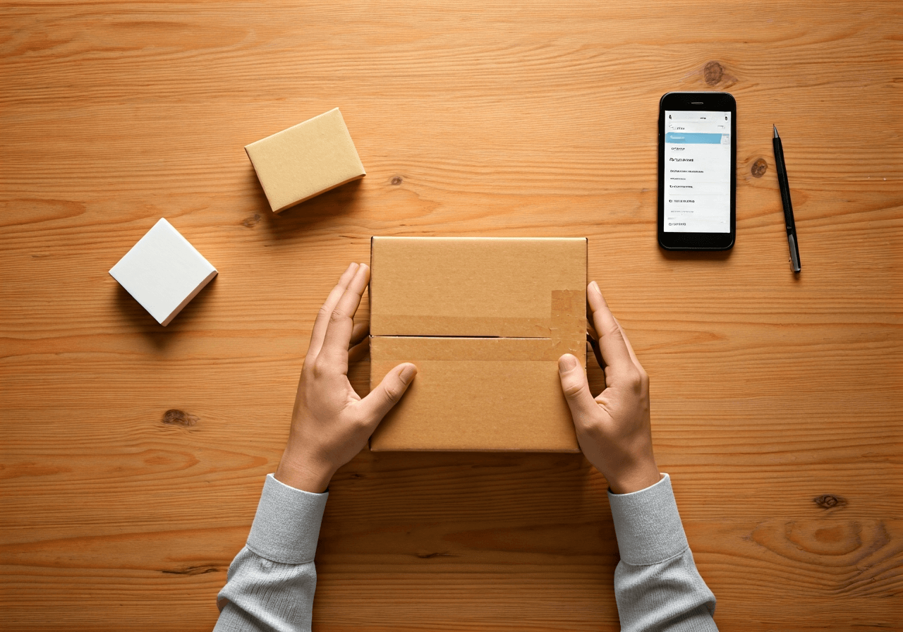 Editorial photography, a person carefully addressing a package on a clean wooden desk, surrounded by postal supplies and a smartphone showing a tracking app, soft natural light, 85mm lens, highly detailed, no text, no words, no letters.