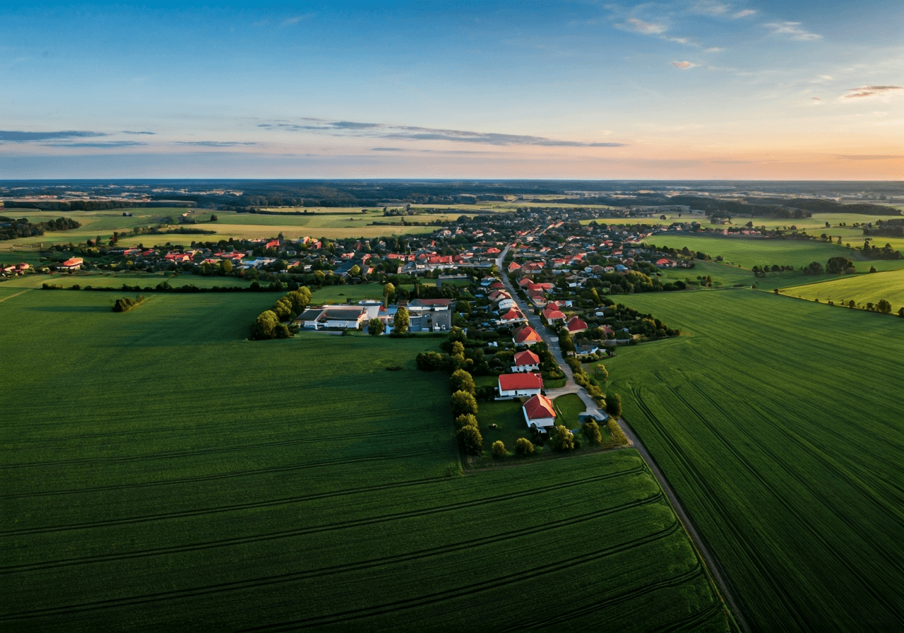 Aerial wide shot of Ivanovice na Hané, lush green fields surrounding the town, soft morning sunlight, cinematic composition, high resolution editorial photography, no text, no letters