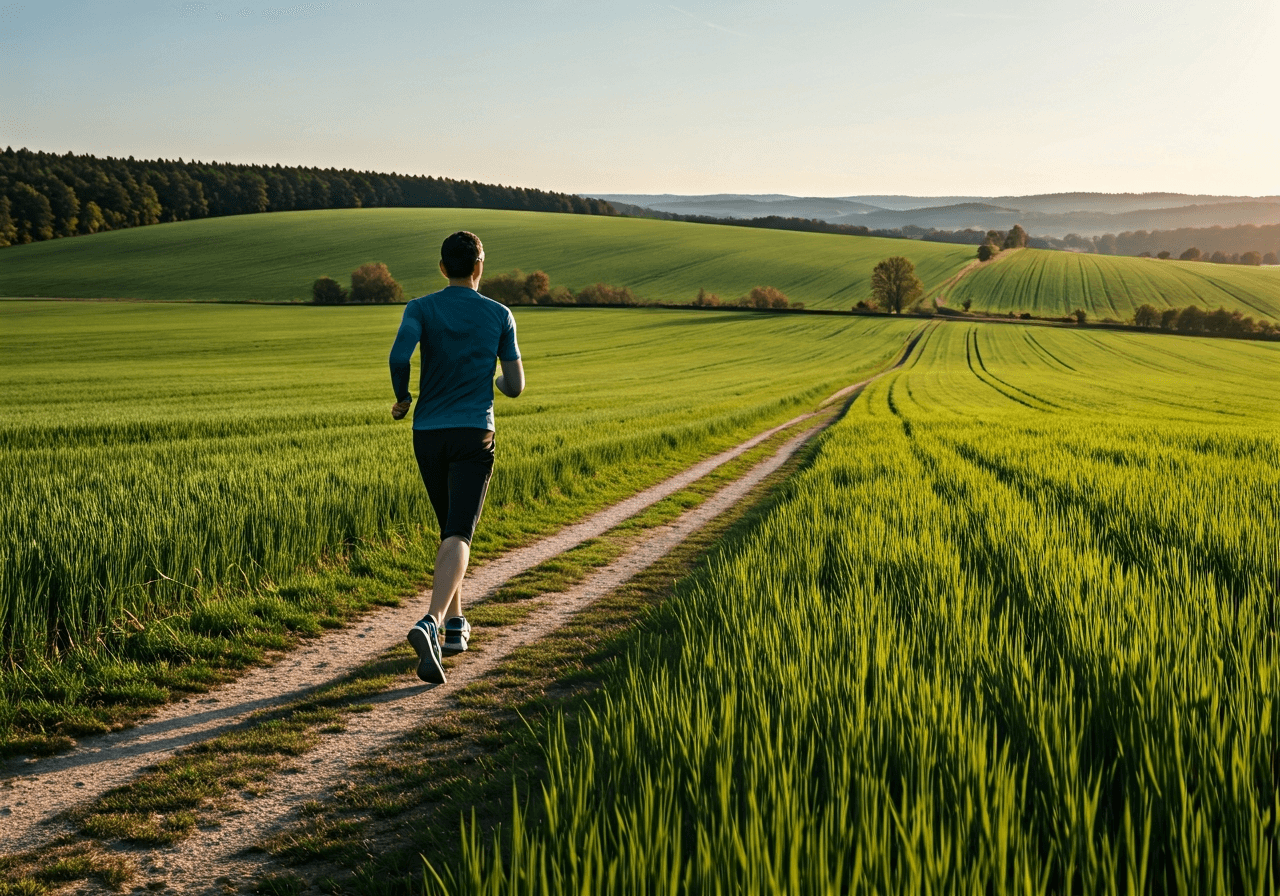Active lifestyle in a picturesque Moravian countryside, a person jogging on a path near lush green fields, golden hour lighting, cinematic composition, high resolution, editorial style, no text, no letters