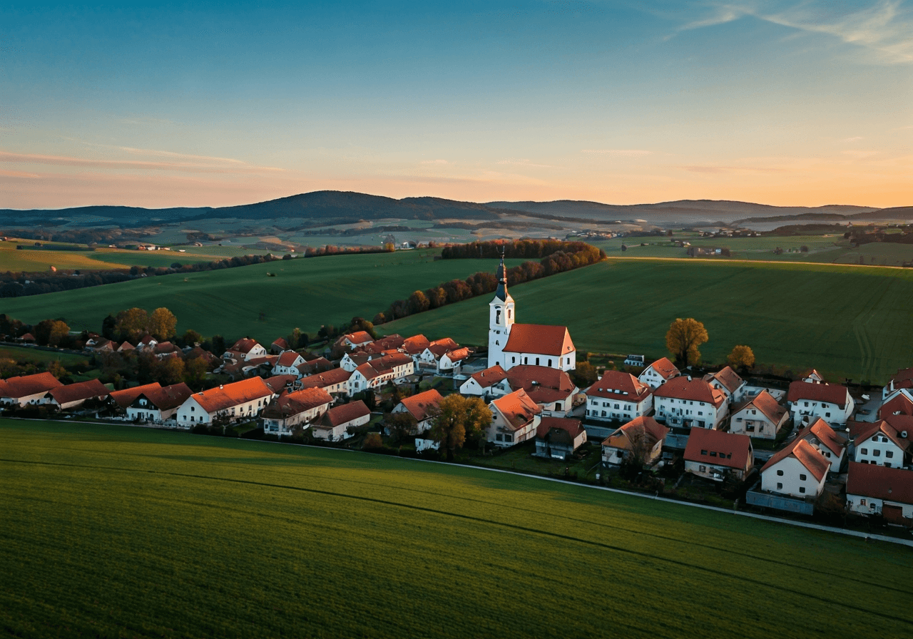 Bludov PSČ: Rychlý přehled a návod (za 30 sekund) 2 Aerial view of the picturesque village of Bludov in the Czech Republic, rolling hills in the background, soft natural light, premium editorial landscape photography, 85mm lens, highly detailed, no text, no letters