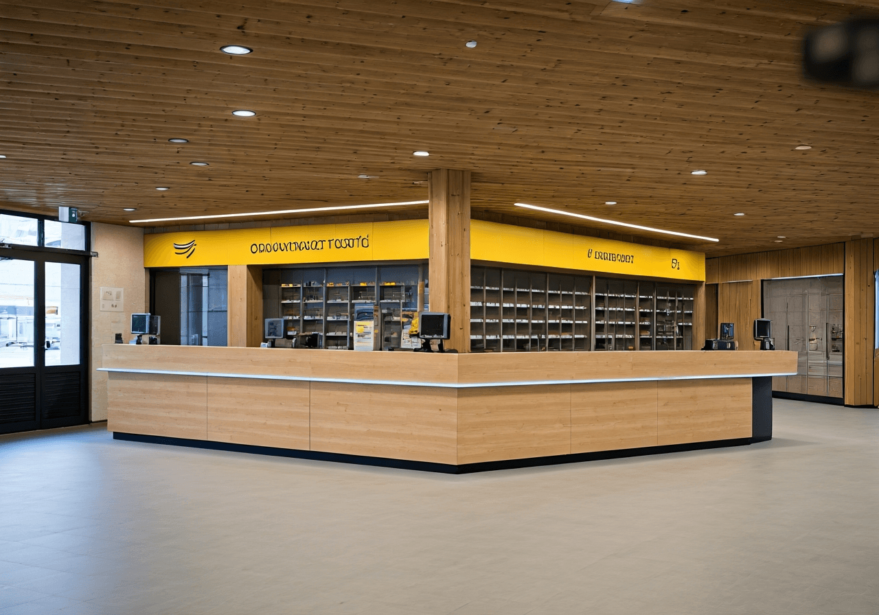 Bludov PSČ: Rychlý přehled a návod (za 30 sekund) 3 A clean, modern Czech post office interior, bright signage, minimalist wooden aesthetic, soft natural light, 85mm lens, professional photography, no text, no words, no letters