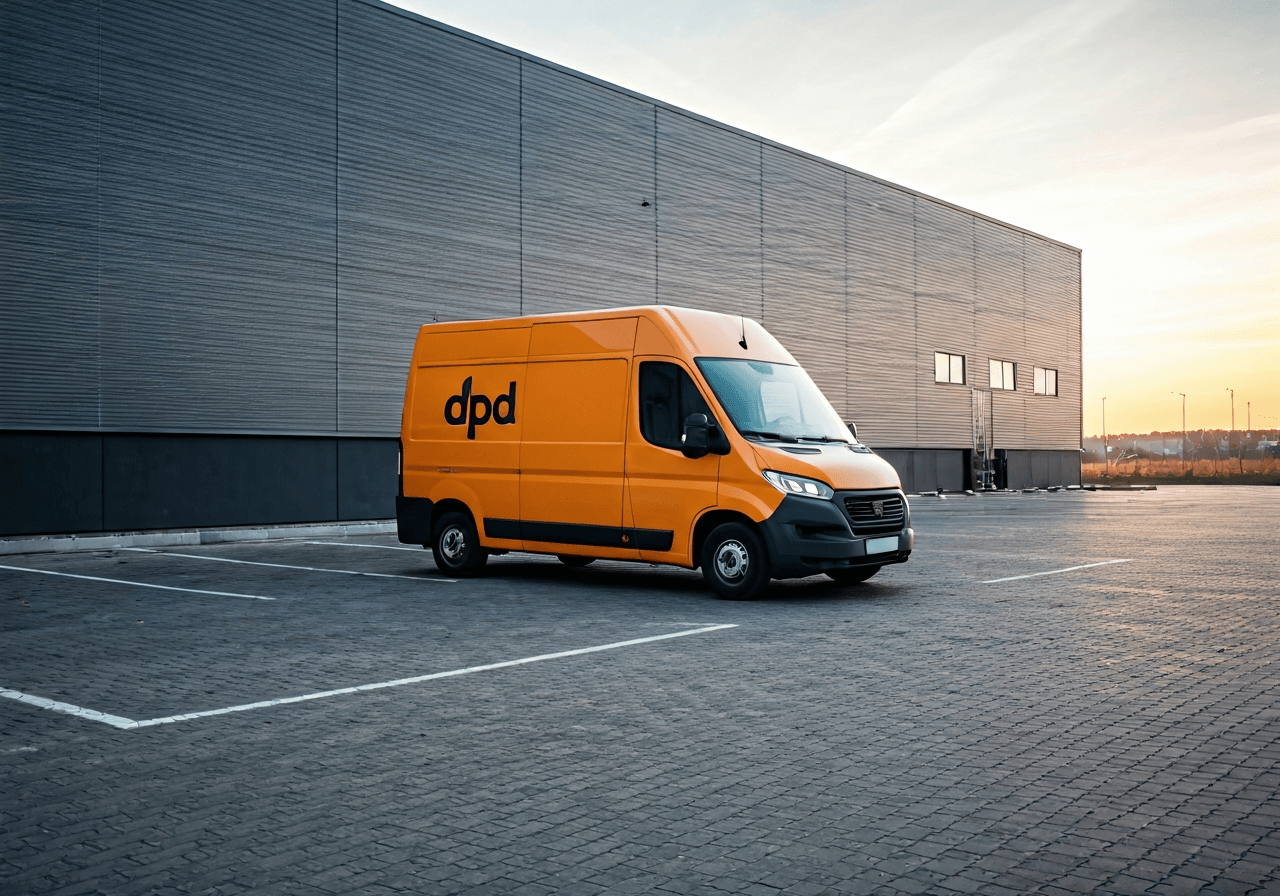 DPD Jihlava: Kompletní přehled a výhody (Test 2026) 2 Professional DPD courier vehicle parked at a modern, high-tech logistics hub in Jihlava, sunrise soft natural light, premium editorial style, wide angle, highly detailed, no text, no letters, no words