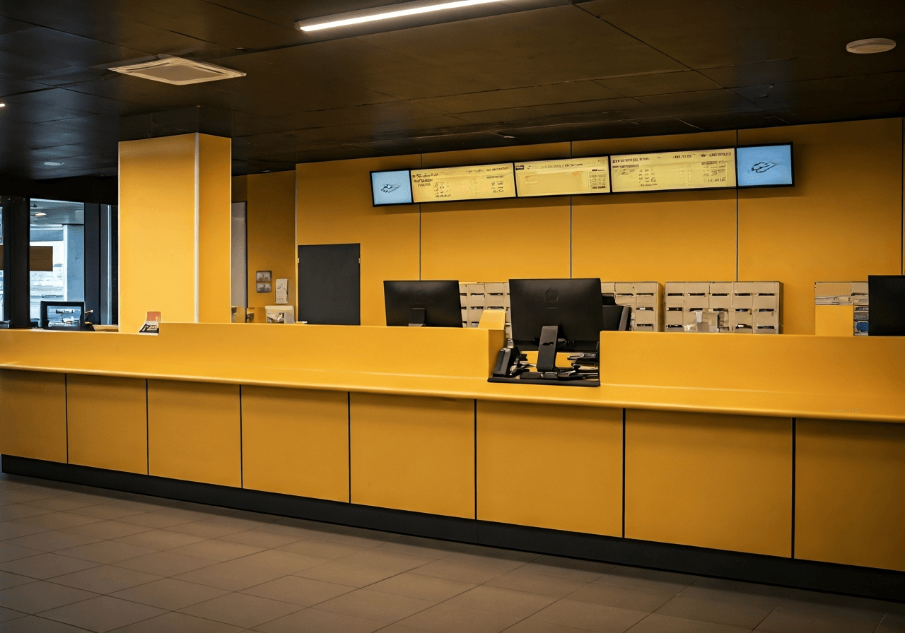 A modern, sleek Czech Post office interior with minimalist counters, warm soft lighting, high-end editorial photography style, focus on organized parcel delivery area, 85mm lens, depth of field, no text, no words, no letters.