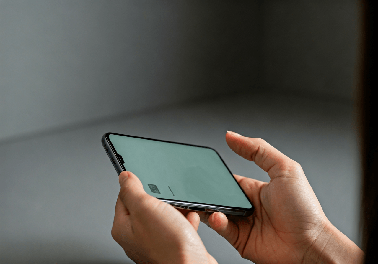Close-up of a hand holding a modern smartphone displaying a parcel tracking app, clean minimalist desk background, soft natural lighting, editorial photography, 85mm lens, high focus, no text, no words, no letters.