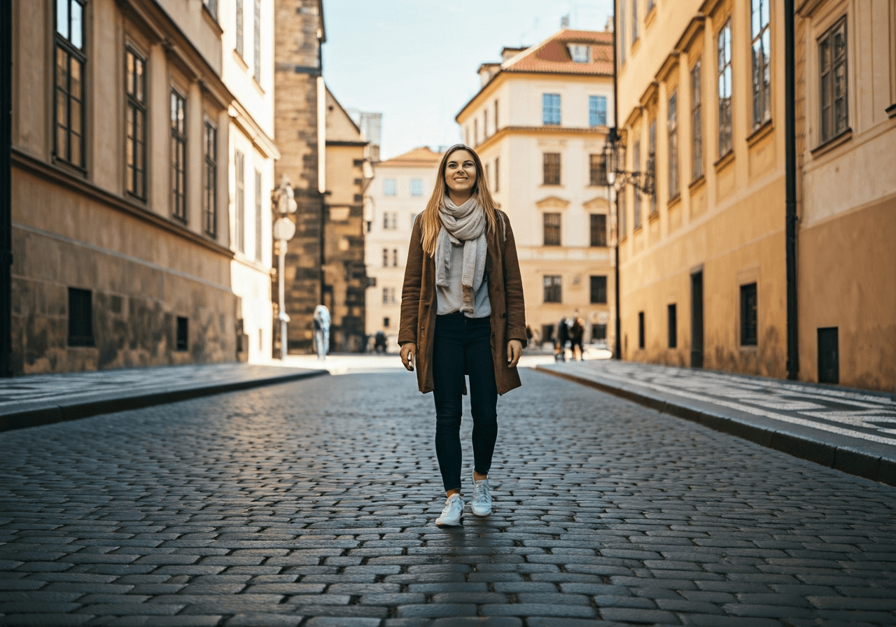 A happy tourist walking effortlessly through the historic, cobblestone streets of Old Town Prague without luggage, modern lifestyle, sunny morning, soft natural light, editorial photography, 85mm lens, high quality, no text, no words, no letters.