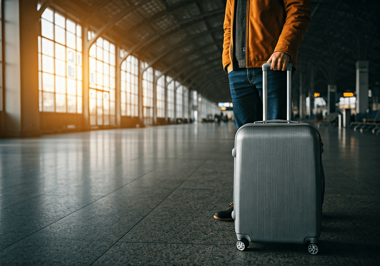 A professional traveler standing with a suitcase in a sunlit, modern transit hub in Prague, clean lines, high-end travel aesthetic, editorial photography, soft natural light, 85mm lens, highly detailed, no text, no words, no letters.