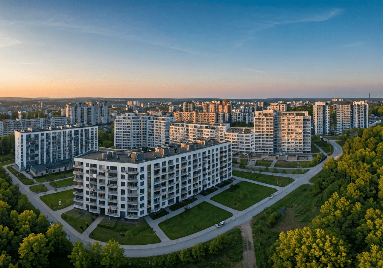 Aerial view of the Brno-Bohunice district with modern residential architecture and green spaces, editorial photography, soft morning light, 85mm lens, high resolution, no text, no letters