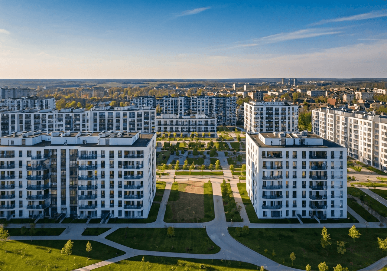 Aerial view of modern residential architecture in Brno-Bohunice, clean geometric urban planning, green parks between buildings, soft natural light, editorial photography, 85mm lens, high resolution, no text, no letters