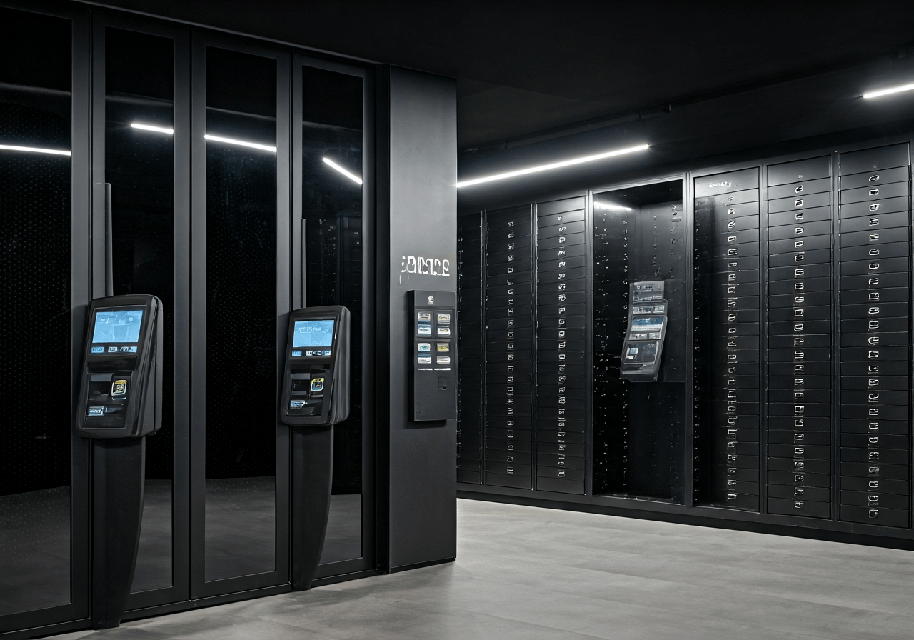 A sleek, modern luggage storage facility with digital kiosks and organized lockers, clean minimalist architecture, soft natural morning light, editorial photography, 85mm lens, high quality, no text, no letters