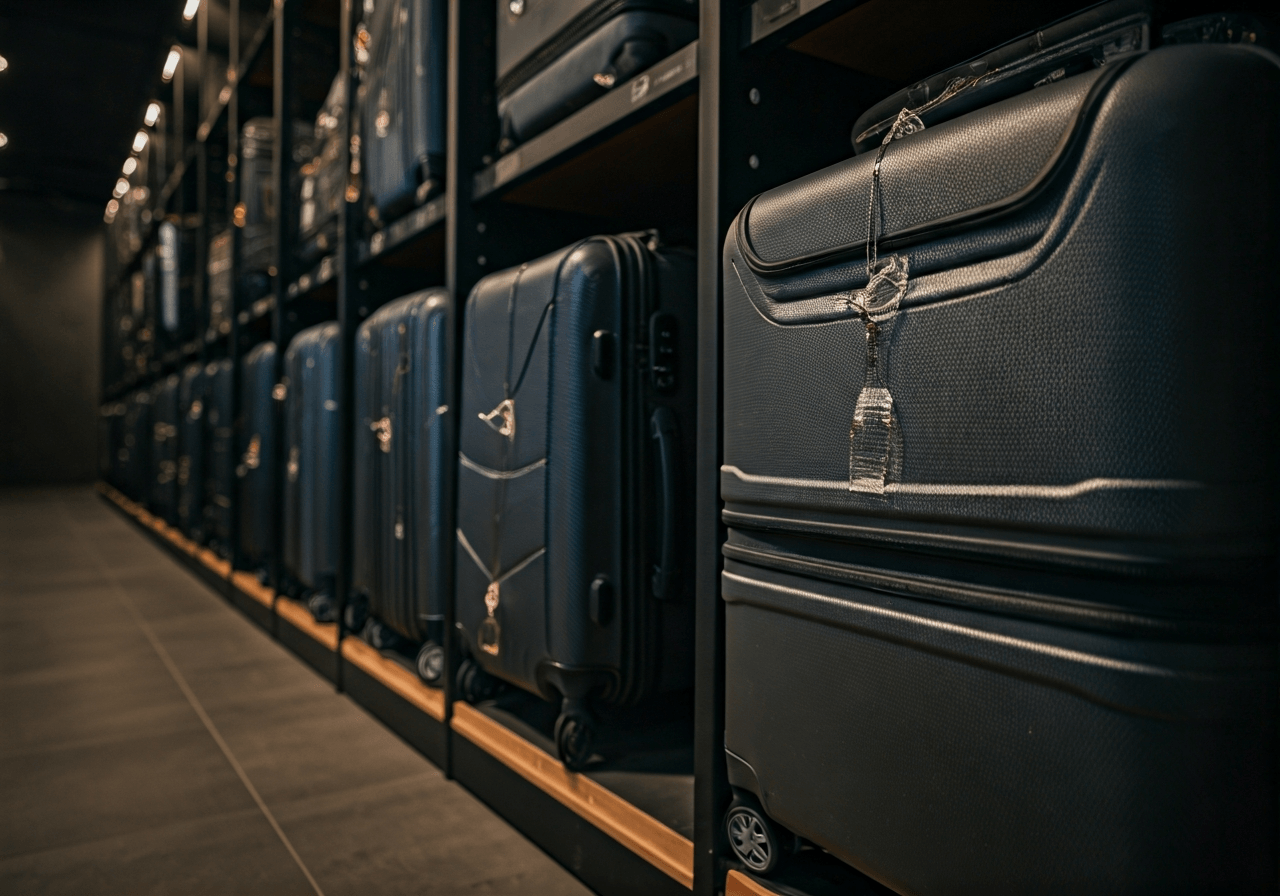 A professional luggage storage facility with security seals on suitcases, modern clean aesthetic, editorial photography, soft natural light, 85mm lens, high focus, no text, no letters, no labels