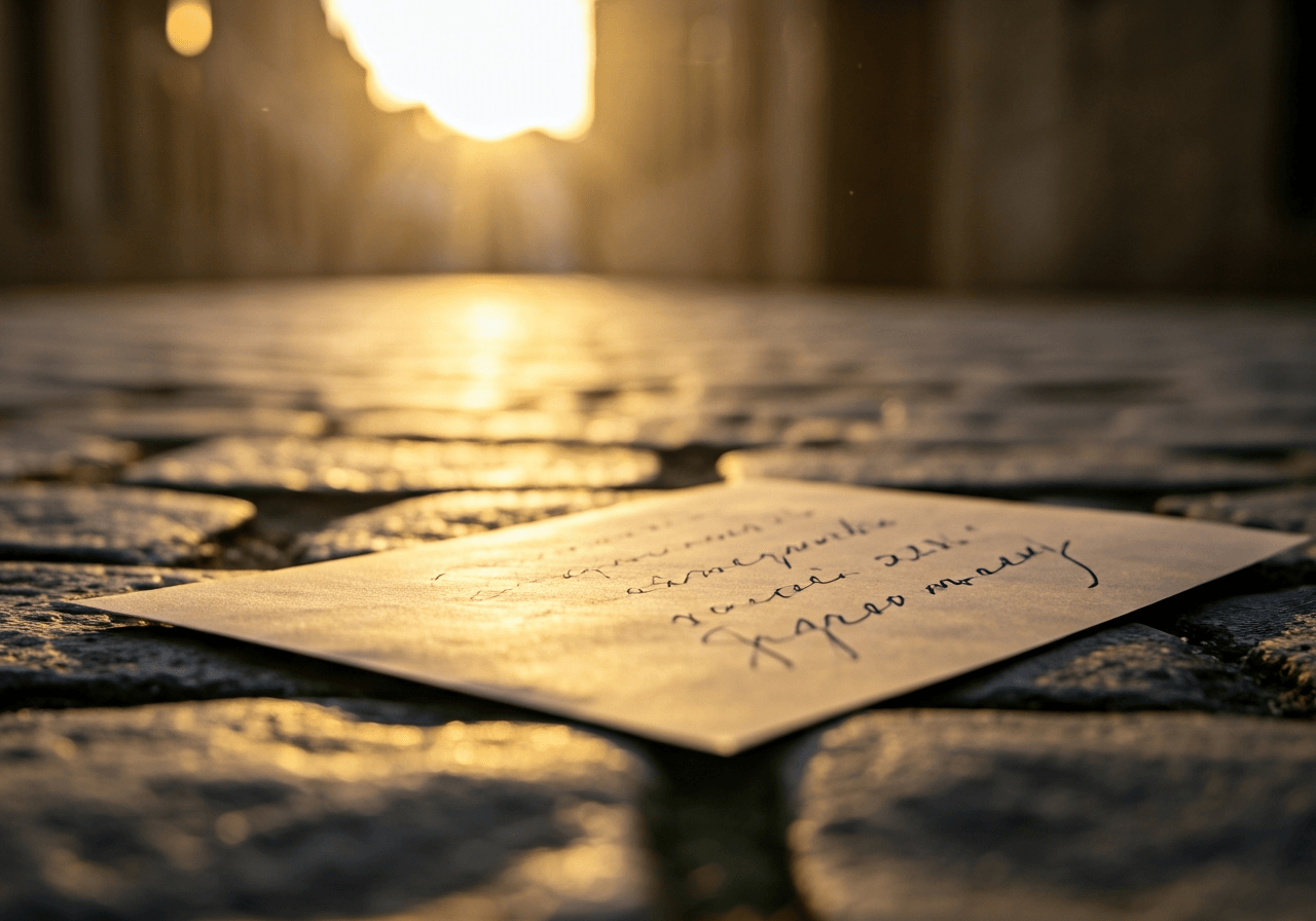 A close-up, high-quality editorial shot of a vintage handwritten address on a rustic paper envelope, set on an old cobblestone surface in an architectural setting of a European historical town, soft morning sunlight, cinematic depth of field, 85mm lens, no text, no words, no letters.