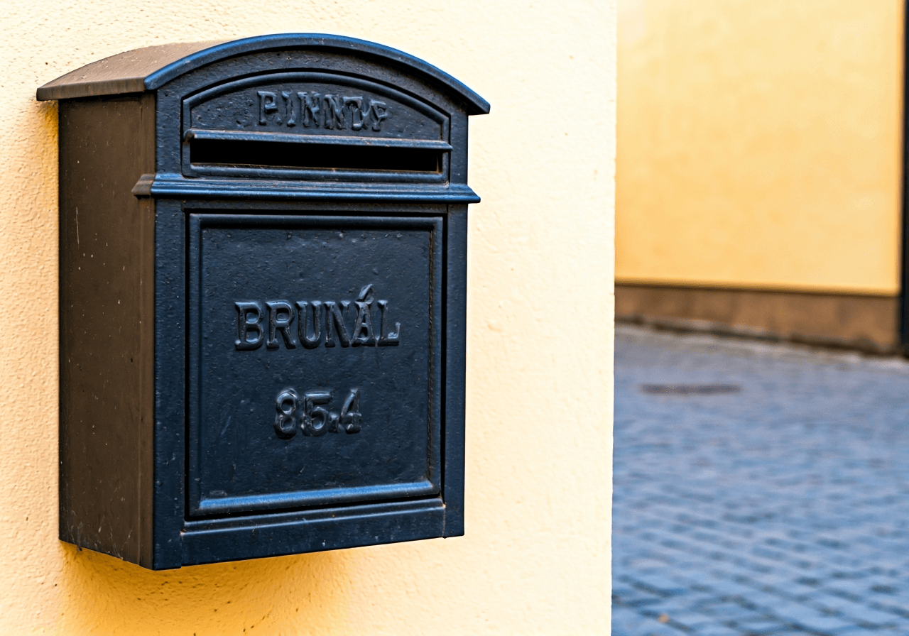 A professional, clean editorial shot of a vintage mailbox in the historic center of Bruntál, cobblestone street background, soft natural sunlight, 85mm lens, high detail, no text, no letters