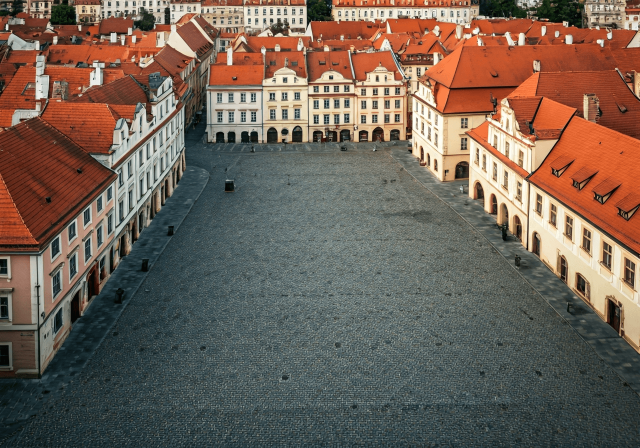 Aerial view of Bruntal historical town square, Náměstí Míru, surrounded by old architecture and cobblestone streets, clean atmosphere, editorial photography, soft natural light, 85mm lens, high resolution, no text, no words, no letters