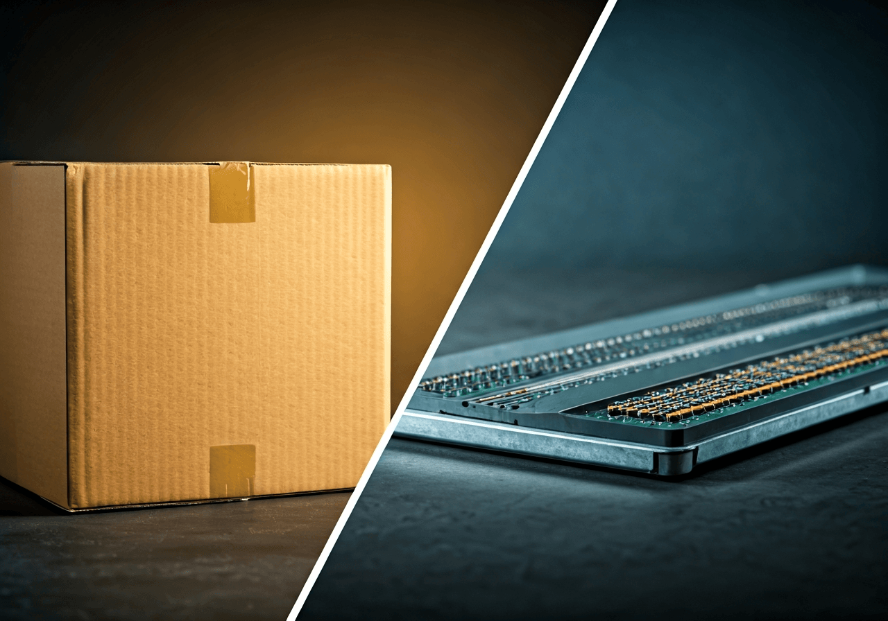 A professional logistics warehouse setting with a split composition showing a modern global courier package on the left and specialized electronic components in protective packaging on the right, clean editorial aesthetic, soft natural light, 85mm lens, high resolution, no text, no letters