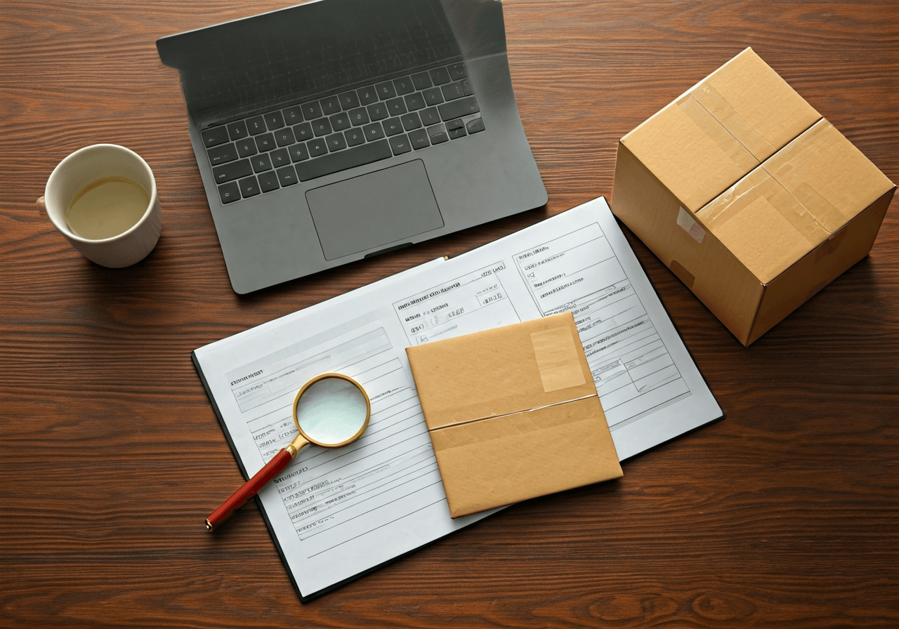 A professional clean workspace with a laptop, organized customs documents, a parcel shipping label, and a magnifying glass on a wooden desk, editorial photography, modern, premium, soft natural light, 85mm lens, highly detailed, no text, no letters.