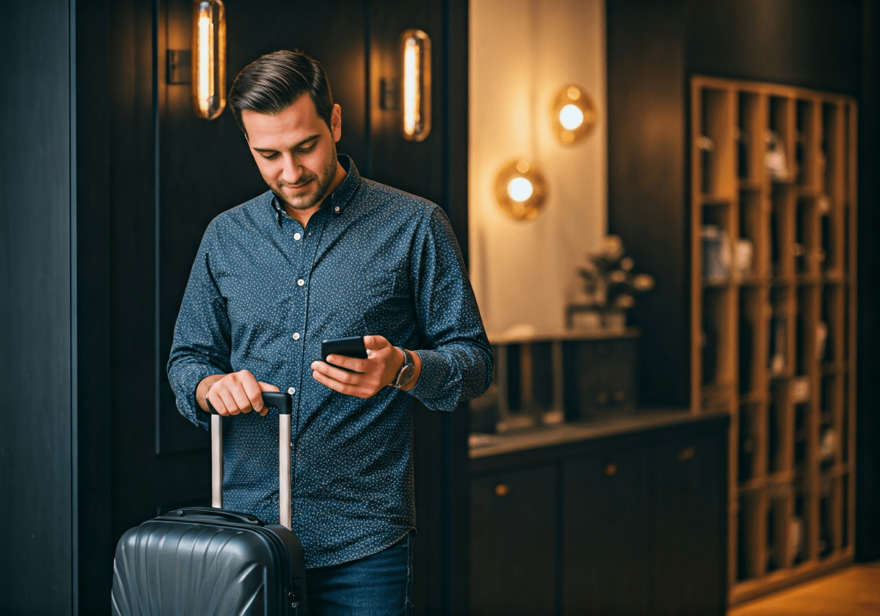 Úschovna zavazadel Palmovka: Rychle a bezpečně (Návod) 2 A professional traveler using a smartphone to drop off luggage in a modern, clean boutique shop in Prague, soft natural light, editorial photography, 85mm lens, no text, no letters