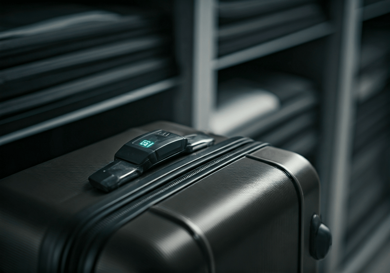Úschovna zavazadel Palmovka: Rychle a bezpečně (Návod) 3 A close-up, high-detail editorial photograph of a secure digital luggage seal attached to a high-quality suitcase handle in a modern, minimalist storage facility, professional lighting, 85mm lens, shallow depth of field, no text, no words, no letters.