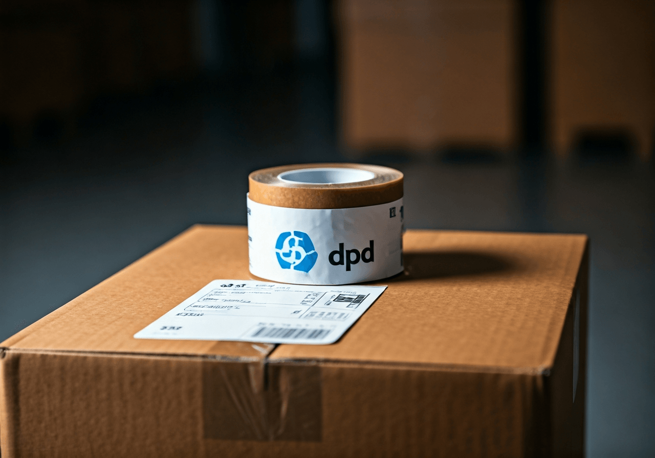 Kdy je povinnost doručit DPD? Zjistěte hned! (Právní fakta) 2 Editorial photography, a close-up of DPD shipping labels and packaging tape on a modern cardboard box, arranged neatly on a clean, minimalist logistics warehouse floor, soft natural light, 85mm lens, highly detailed, no text, no words, no letters