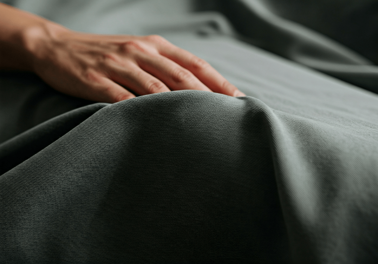 Značkové oblečení: Vyplatí se balíky? (Pravda 2026) 1 A close-up of a person touching a soft, high-quality organic cotton fabric, modern minimalist interior background, soft natural light, editorial photography, 85mm lens, highly detailed, no text, no letters