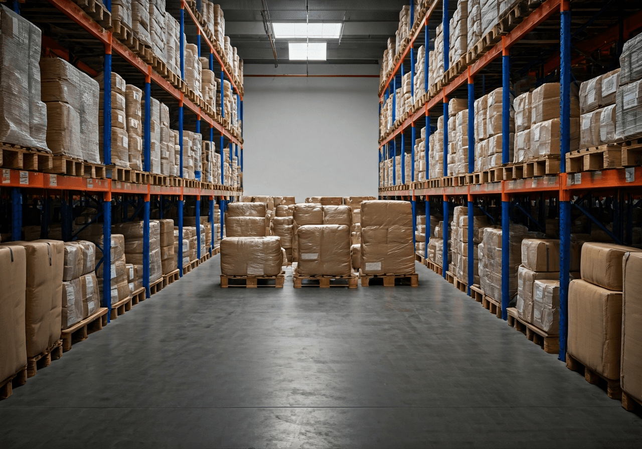 Značkové oblečení: Vyplatí se balíky? (Pravda 2026) 2 A professional logistics warehouse interior with organized sustainable clothing packages, clean modern aesthetic, editorial photography, soft natural light, 85mm lens, depth of field, no text, no words, no letters