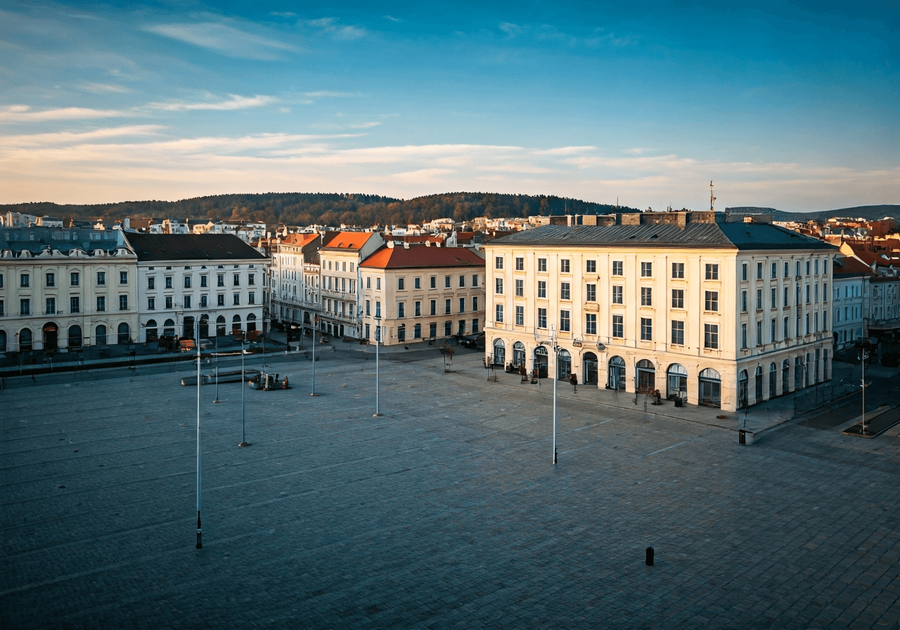 Aerial view of a modern Czech town square in Central Bohemia, pristine urban architecture, soft natural light, 85mm lens, editorial photography style, high detail, no text, no letters